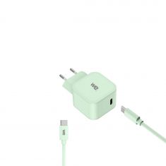 WE POP Pack Chargeur secteur + Câble USB-C/USB-C Vert : Chargeur secteur vert PD 20W port USB-C - Câble USBC-USBC 60W 1 mètre en silicone vert